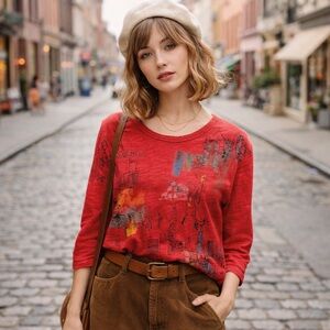 Chic Red Graphic Long Sleeve Top